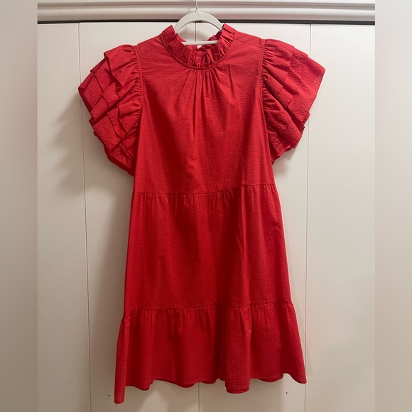 MARIE OLIVER RED RUFFLE SLEEVE TEXTURED DRESS  NWOT - Picture 3 of 7